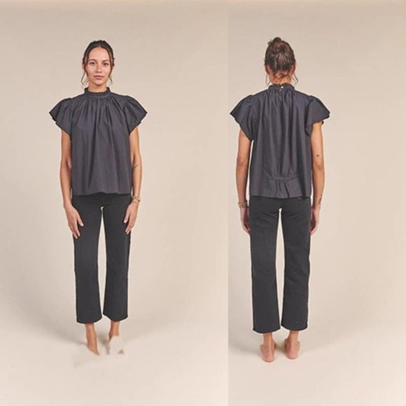 Birds of Paradis Tops - Birds of Paradis Carla High Neck Ruffled Poplin Shirt Women's Black Sz Large NWT